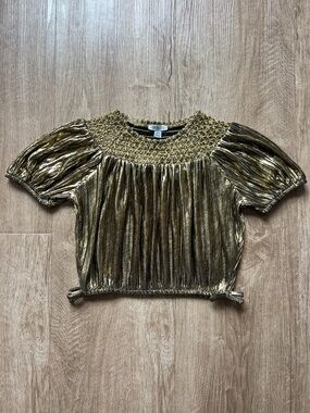 Crewcuts Girls Gold Metallic Smocked Yoke Puff Sleeve Crop Top Size 6-7